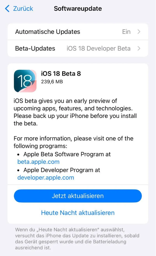 杜尔伯特苹果手机维修分享苹果 iOS / iPadOS 18 开发者预览版 Beta 8 发布 